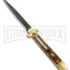 AKC 9" Leverletto Stag Horn Brass Black Automatic Knife - Flat Grind -Akc Sales Store AKC Leverletto 9in LL Auto Italian Brass Stag Horn Black BHQ 135092 jr large