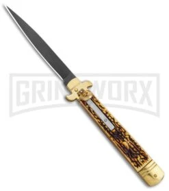 AKC 9" Leverletto Stag Horn Brass Black Automatic Knife - Flat Grind