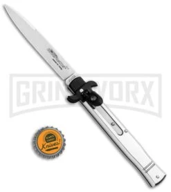 AKC 9" Tactical Leverletto Polished Silver Automatic Knife - Satin Flat Grind -Akc Sales Store AKC Leverletto 9in LL Auto Italian Polished Silver Satin BHQ 86766 jr bottlecap large