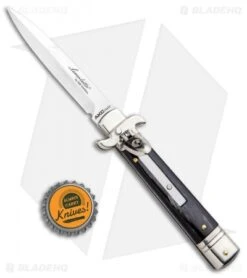 AKC Leverletto 7.75" Lever Lock Auto Italian Knife Dark Horn (3.25" Satin Bayo) -Akc Sales Store AKC Leverletto LL Auto Dark Horn Bayo GX 0299 jr bottlecap