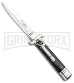 AKC 7.75" Leverletto Dark Horn Automatic Knife - Satin Bayonet