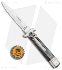 AKC Leverletto 7.75" Lever Lock Auto Italian Knife Honey Horn (3.25" Satin Bayo) -Akc Sales Store AKC Leverletto LL Auto Honey Horn Bayo BHQ 92872 jr bottlecap