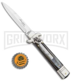 AKC 7.75" Leverletto Honey Horn Automatic Knife - Satin Bayonet -Akc Sales Store AKC Leverletto LL Auto Honey Horn Bayo BHQ 92872 jr bottlecap large
