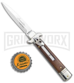 AKC 7.75" Bill DeShivs Leverletto Cocobolo Auto Knife - Satin Plain Bayonet -Akc Sales Store AKC Leverletto LL Auto Italian Cocobolo Satin Bayo BHQ 139808 jr bottlecap large