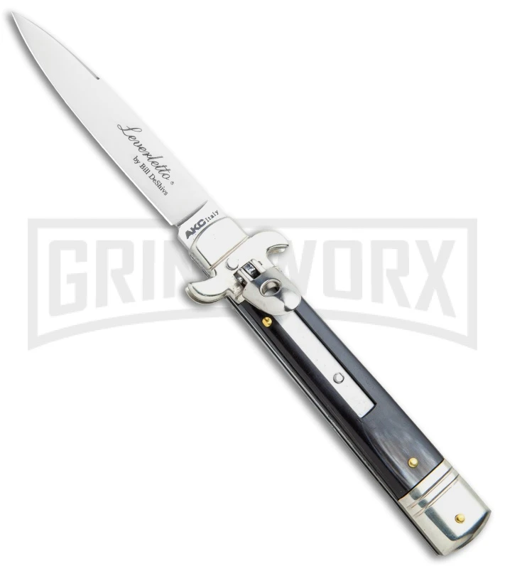 AKC 7.75" Leverletto Dark Horn Automatic Knife - Satin Flat