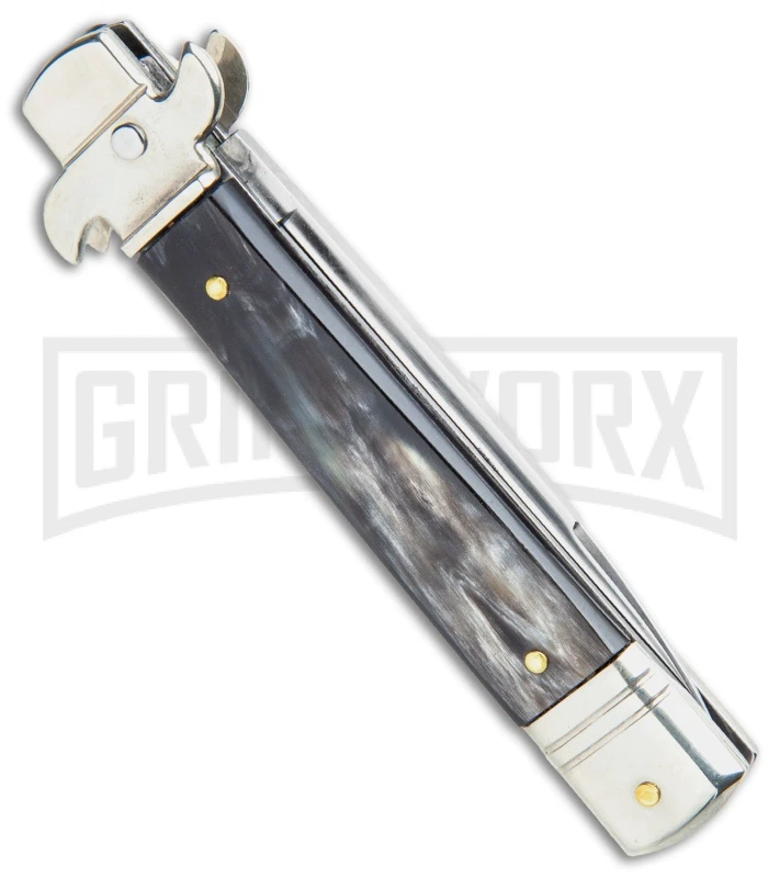 AKC 7.75" Leverletto Dark Horn Automatic Knife - Satin Flat 4 AKC 7.75" Leverletto Dark Horn Automatic Knife - Satin Flat - Image 3