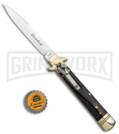 AKC 9" Ebony Leverlock Automatic Stiletto Bayonet Knife - Satin Plain -Akc Sales Store AKC Leverletto LL Ebony Satin Bayo BHQ 139882 jr bottlecap large