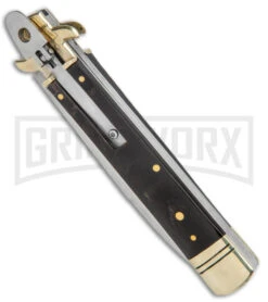 AKC 9" Ebony Leverlock Automatic Stiletto Bayonet Knife - Satin Plain -Akc Sales Store AKC Leverletto LL Ebony Satin Bayo BHQ 139882 jr spine large