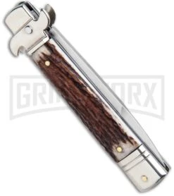 AKC 7.75" Leverletto Stag Automatic Knife - Satin Bayonet -Akc Sales Store AKC Leverletto Stag Auto Bayo GX 33460 jr side large