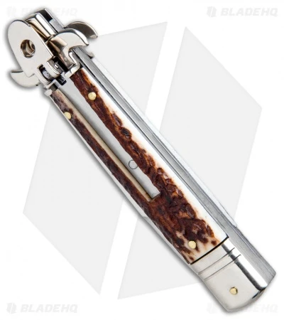 AKC Leverletto 7.75" Lever Lock Auto Italian Knife Stag (3.25" Satin Bayo) 4 AKC Leverletto 7.75" Lever Lock Auto Italian Knife Stag (3.25" Satin Bayo) - Image 2