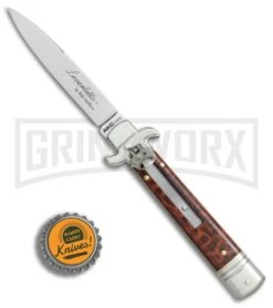 AKC 7.5" Leverletto Snakewood Automatic Knife - Flat Grind -Akc Sales Store AKC Leverletto snakewood flat grind BP 0439 er bottlecap large