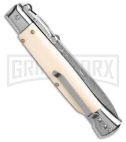 AKC 9" Italian Stiletto Swinguard Sim Ivory Auto Knife W/ Case - Damascus Plain -Akc Sales Store AKC Swinguard 9in Auto italian Stiletto Sim Ivory w Case 4in Damascus Bayonet BHQ 189015 td side large