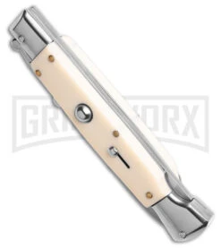 AKC 9" Italian Stiletto Swinguard Sim Ivory Auto Knife W/ Case - Damascus Plain -Akc Sales Store AKC Swinguard 9in Auto italian Stiletto Sim Ivory w Case 4in Damascus Bayonet BHQ 189015 td spine large