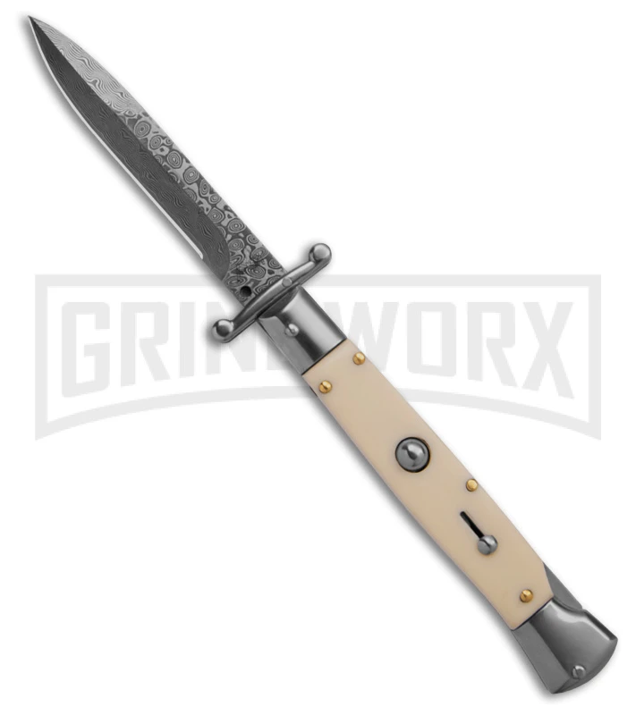 AKC 9" Italian Stiletto Swinguard Sim Ivory Automatic Knife - Damascus Plain 3 AKC 9" Italian Stiletto Swinguard Sim Ivory Automatic Knife - Damascus Plain