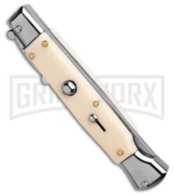 AKC 9" Italian Stiletto Swinguard Sim Ivory Automatic Knife - Polish Plain -Akc Sales Store AKC Swinguard 9in Automatic Italian Stiletto Sim Ivory 4in Polish Bayonet BHQ 180886 hd spine large