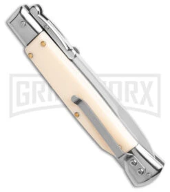 AKC 9" Italian Stiletto Swinguard Sim Ivory Auto Knife W/ Case - Polish Plain -Akc Sales Store AKC Swinguard 9in Automatic Italian Stiletto Sim Ivory with Case 4in Polish Bayonet BHQ 189012 td side large