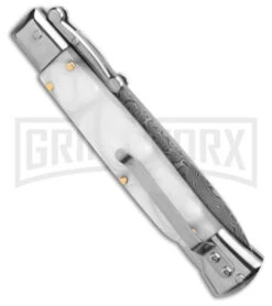 AKC 9" Italian Stiletto Swinguard White Pearlex Automatic Knife - Damascus Plain -Akc Sales Store AKC Swinguard 9in Automatic Italian Stiletto White Pearlex 4in Damascus Bayonet BHQ 180890 hd side large