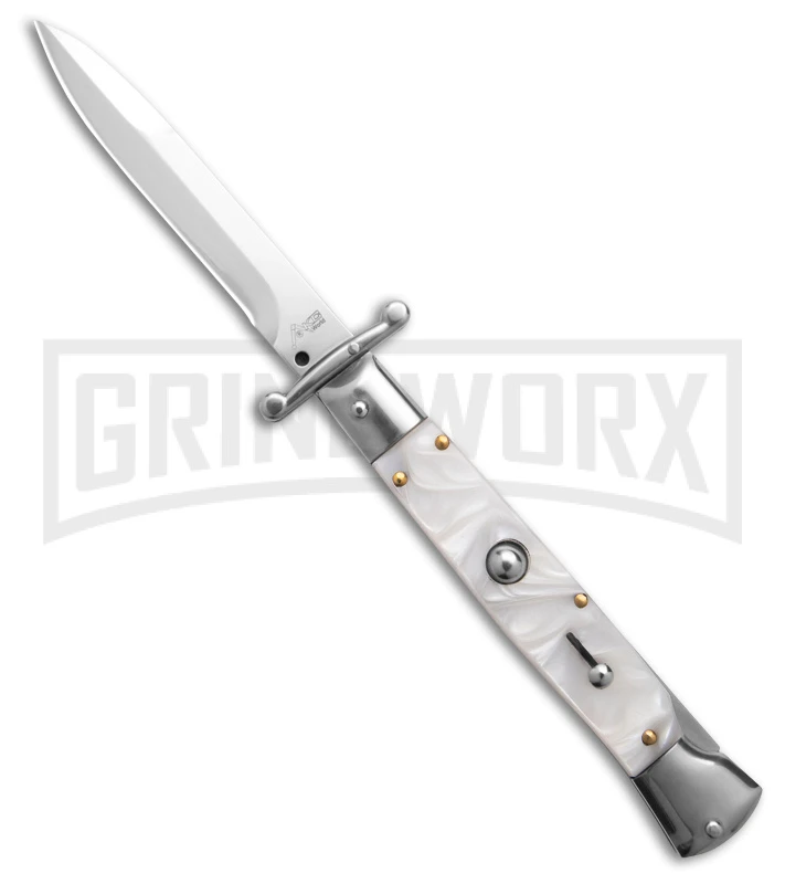 AKC 9" Italian Stiletto Swinguard White Pearlex Automatic Knife W/Box - Polish 3 AKC 9" Italian Stiletto Swinguard White Pearlex Automatic Knife W/Box - Polish