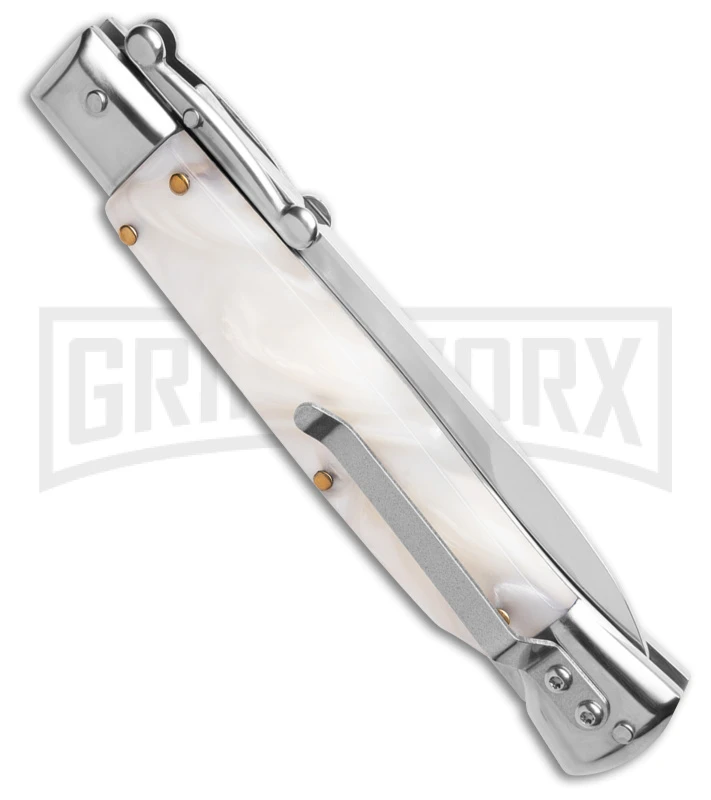 AKC 9" Italian Stiletto Swinguard White Pearlex Automatic Knife W/Box - Polish 5 AKC 9" Italian Stiletto Swinguard White Pearlex Automatic Knife W/Box - Polish - Image 3