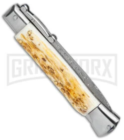 Automatic Italian Style Swinguard 9" Stag - Damascus Bayonet Blade -Akc Sales Store AKC Swinguard 9in Stag Bayo Damascus GX 3647 jr side large