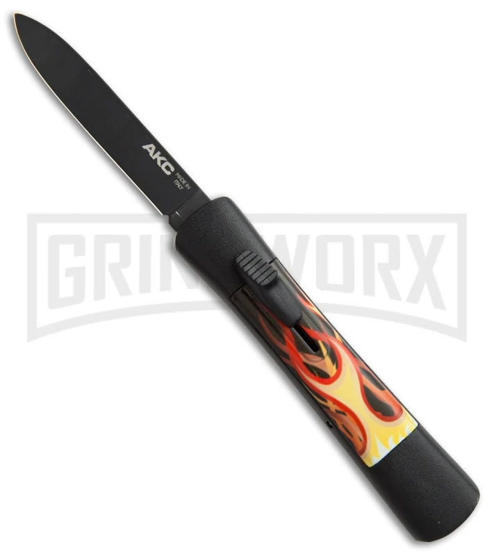 AKC Concord Flames OTF Automatic Knife - Flat Grind Black Plain 3 AKC Concord Flames OTF Automatic Knife - Flat Grind Black Plain