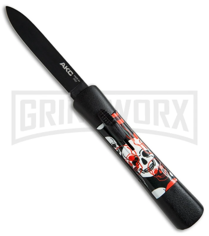 AKC Concord Red/White Skull OTF Automatic Knife - Flat Grind Black Flat 3 AKC Concord Red/White Skull OTF Automatic Knife - Flat Grind Black Flat