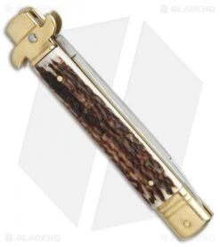 AKC Leverletto 9" Lever Lock Auto Italian Knife Brass/Stag Horn (4" Satin) -Akc Sales Store AKC leverletto stag horn brass flat BP 18946 er side
