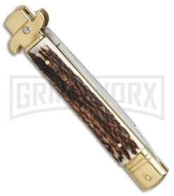 AKC 9" Leverletto Stag Horn Brass Automatic Knife - Flat Grind -Akc Sales Store AKC leverletto stag horn brass flat BP 18946 er side large