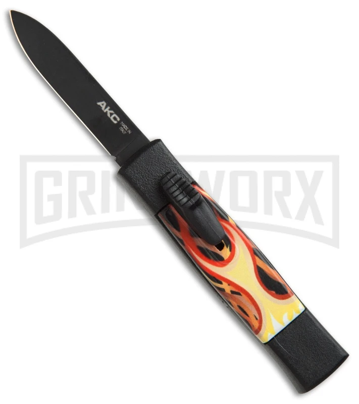AKC Minion Concord Flames OTF Automatic Knife - Black Flat 3 AKC Minion Concord Flames OTF Automatic Knife - Black Flat