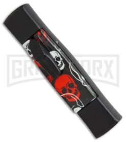 AKC Minion Concord Red/White Skull OTF Automatic Knife - Black Flat -Akc Sales Store AKC minion concord red white skull black flat BP 19001 er side large