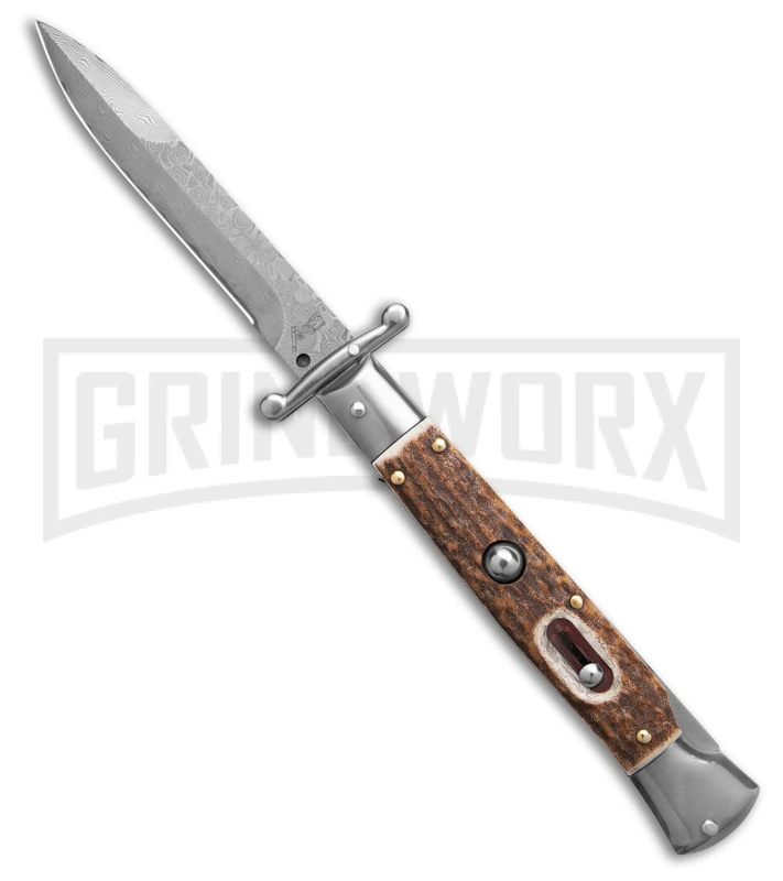 Automatic Italian Style Swinguard 9" Stag W/Clip - Damascus Bayonet Blade 3 Automatic Italian Style Swinguard 9" Stag W/Clip - Damascus Bayonet Blade