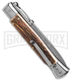 Automatic Italian Style Swinguard 9" Stag W/Clip - Damascus Bayonet Blade 8 Automatic Italian Style Swinguard 9" Stag W/Clip - Damascus Bayonet Blade -Akc Sales Store Italian Style Stiletto Swinguard Automatic Knife Stag Horn w clip 4in Damascus BHQ 188209 td side large