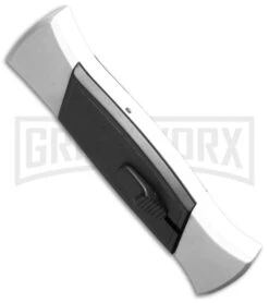 AKC 777 Blackfinger White/Black OTF Automatic Knife - Flat Grind Satin Plain -Akc Sales Store akc 777 white satin flat bottom cm large