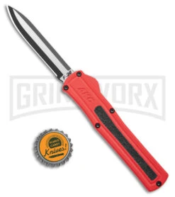 AKC F-20 Red D/A OTF Automatic Knife - Two Tone Plain -Akc Sales Store akc f 20 da otf auto black red aluminum tt dagger BHQ 177264 jr bottlecap large