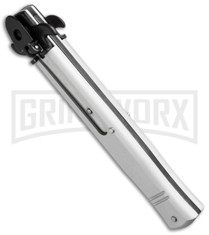 AKC 9" Tactical Leverletto Silver Automatic Knife - Black Flat Grind 5 AKC 9" Tactical Leverletto Silver Automatic Knife - Black Flat Grind - Image 3