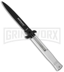 AKC 9" Tactical Leverletto Silver Automatic Knife - Black Flat Grind