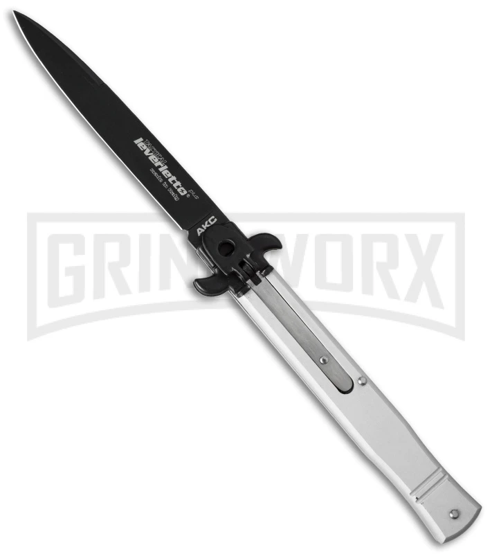 AKC 9" Tactical Leverletto Silver Automatic Knife - Black Flat Grind 3 AKC 9" Tactical Leverletto Silver Automatic Knife - Black Flat Grind