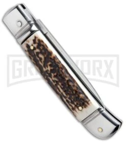 AKC 8" Italian Stiletto Lever Lock Stag Horn Automatic Knife - Flat Grind -Akc Sales Store akc lever lock stag side large
