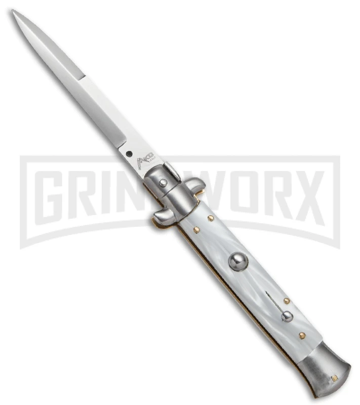 AKC 9" Italian Stiletto White Pearlex Automatic Knife - Bayonet 3 AKC 9" Italian Stiletto White Pearlex Automatic Knife - Bayonet